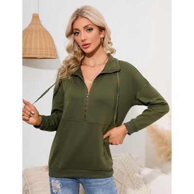 Womens Long Sleeve Zipper  Casual Pullover Tops Drawstring Quarter Zip Hoodie Shirts with Pockets Sweater