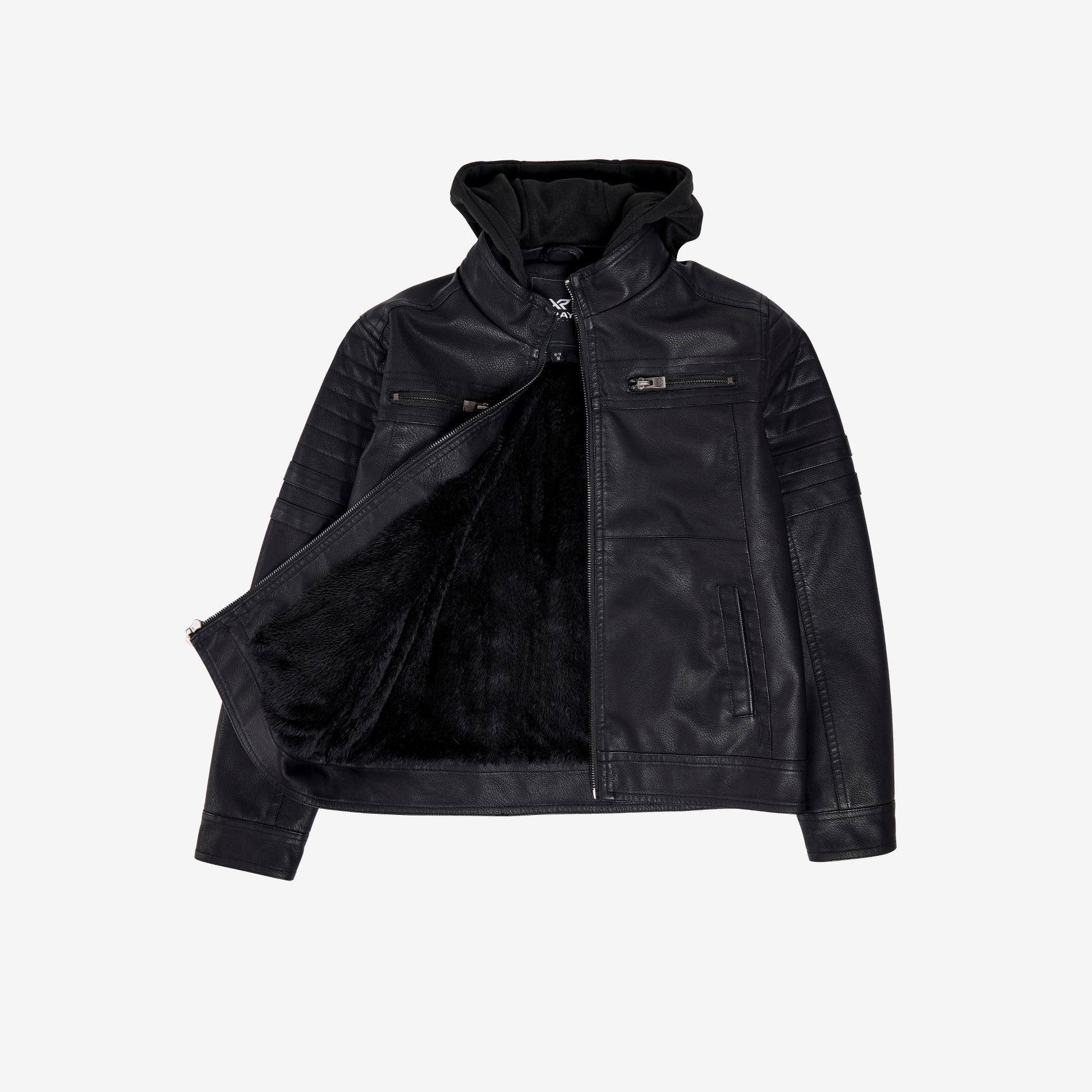 X RAY Boys Grainy PU Leather Hooded Jacket With Faux Shearling Lining in BLACK/BLACK Size S