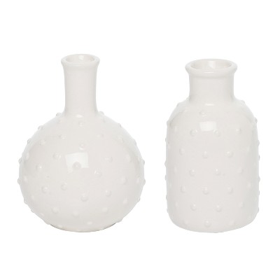 Transpac Ceramic 5.75 in. White Hobnail Vases Set of 2
