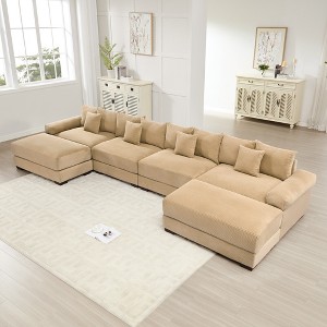 Oversized 167.6" Corduroy Cloud Modular U-Shaped Sectional Sofa with Thick Cushion and 2 Movable Ottoman, 6-Piece Free combination Sofa - 1 of 4