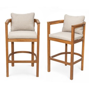 Wood Barstool Set with Beige Cushion, Acacia Wood Barstool with Backrest and Armrests, Set of 2 Barstools for Kitchen or Balcony-Koiai - 1 of 4