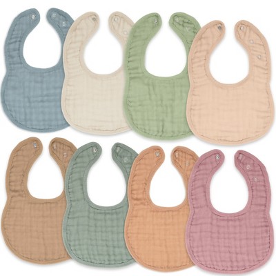 Image of Comfy Cubs Muslin Cotton Baby Bibs, 8 Pack, Adjustable Size with Easy Snaps, Soft and Super Absorbent - Multicolor