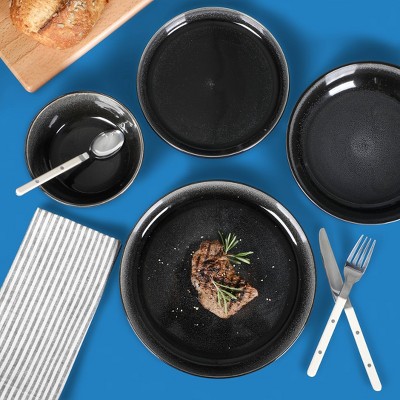 SKE Banquette Glossy Black Ceramic 16-Piece Dinnerware Set