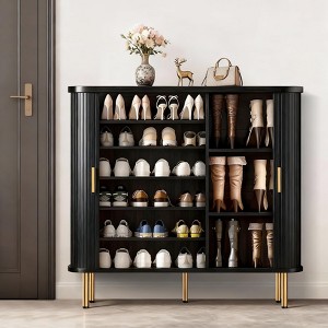 TiramisuBest 31.5" Shoe Storage Cabinet with Sliding Door, Shoe Cabinet with 6 Shelves,Freestanding Shoe Rack for Entryway, Hallway,Walnut - 1 of 4