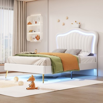 Sapphtopaz Modern Bed Frame for Kids with Crown Headboard Upholstered Platform Princess Bed with LED for Bedroom, Kids' Room, Nursery