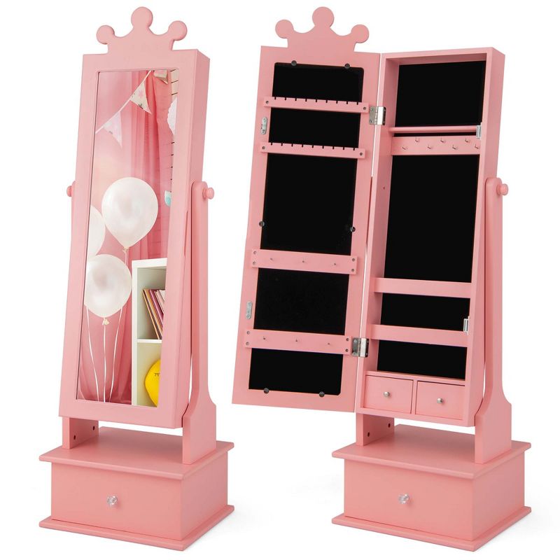 Costway Kid Freestanding Jewelry Armoire 2-in-1 Full Length Mirror Storage Drawer Pink/White, 1 of 11