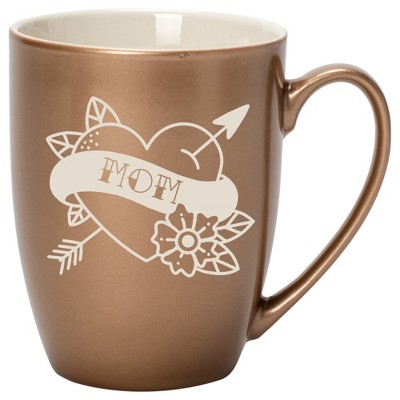 100 North Floral Heart 10 Ounce Bronze Metallic Finish, Comfortably Fits Your Hands, New Bone China Coffee Tea Cup Mug, Mom