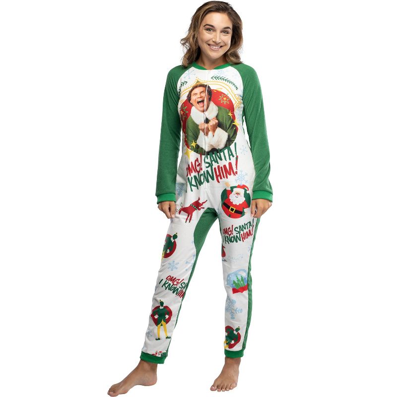 Elf The Movie Womens' OMG Santa! I Know Him! One Piece Sleeper Pajama, 1 of 5