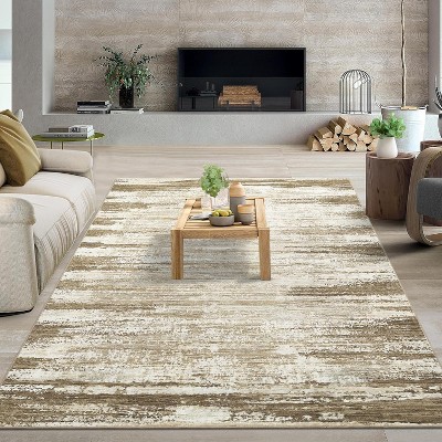 Modern Abstract 9x12 Camel Area Rug, Non-Slip Stain-Resistant Low Pile Carpet for Living Room, Bedroom, or Dorm Office Accent Decor