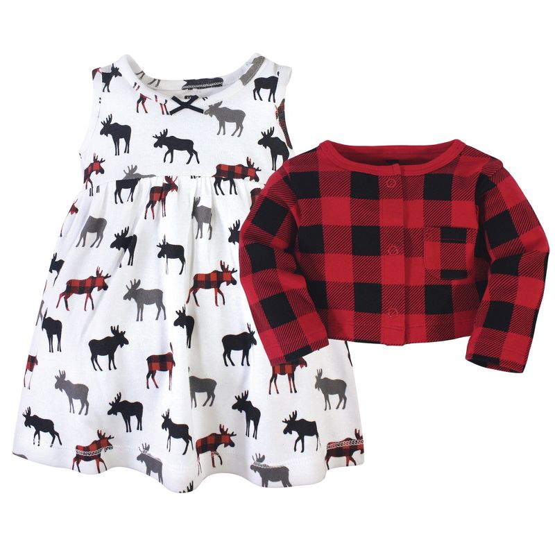 Hudson Baby Infant and Toddler Girl Cotton Dress and Cardigan 2pc Set, Buffalo Plaid Moose, 4 of 5