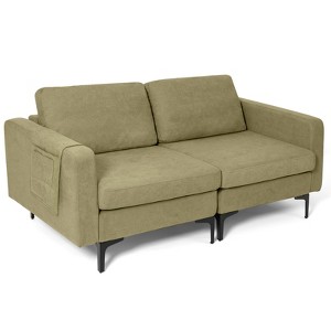 Costway Modern Loveseat Linen Fabric 2-Seat Sofa Couch w/ Side Storage Pocket Green\Orange - 1 of 4