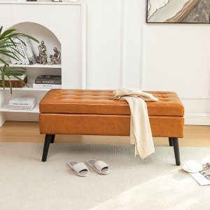 Gulches 43.3" Brown Leather Storage Ottoman Bench - Tufted End of Bed Bench with Safety Hinge, Solid Wood Legs 300lbs Capacity for Bedroom Entryway - 1 of 4