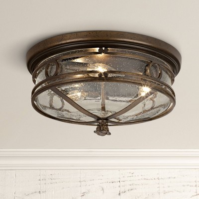 Bronze 14" Seedy Glass Flush Mount Indoor/Outdoor Ceiling Light
