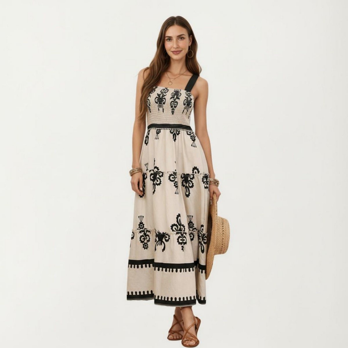 Женские платья Anna-Kaci Women's Sleeveless Smocked Midi Dress with Wide Straps Tiered Skirt and Bohemian Floral Print Design - X Large, Light Beige — фото 3