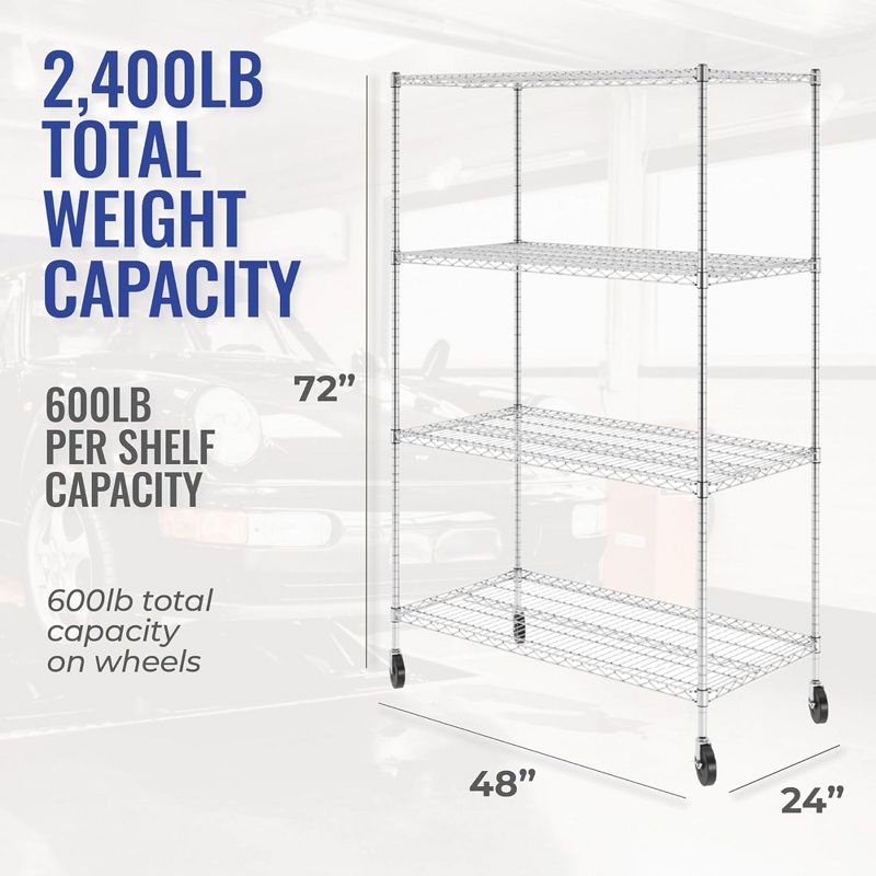 SafeRacks 4 Tiered Storage Shelves with Heavy Duty Steel Wire Shelving Unit, Wheels, and Adjustable Feet for Pantry Shelf or Garage, White, 2 of 7