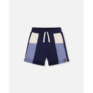 Deux par Deux Boy French Terry Color Block Short Blue, Navy and Cream - 1 of 4