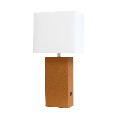 Modern Leather Table Lamp with USB and Fabric Shade Tan - Elegant Designs