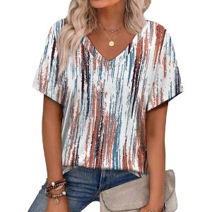 Women's Tops 2025 V Neck Short Sleeve T Shirts Trendy Dressy Vacation Outfits Printed Casual Blouse - 1 of 4