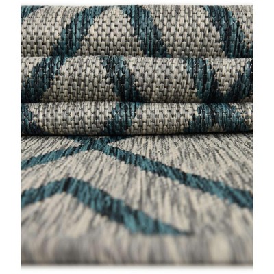 Gray and Teal Geometric Synthetic Outdoor Rug, 4' x 6'