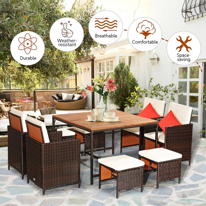Costway 9PCS  Acacia Wood Patio Rattan Dining Set Cushioned Chairs Ottoman, 5 of 13