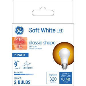 GE 2pk Medium Base 40W A15 LED Ceiling Fan Light Bulbs Soft White - 1 of 4