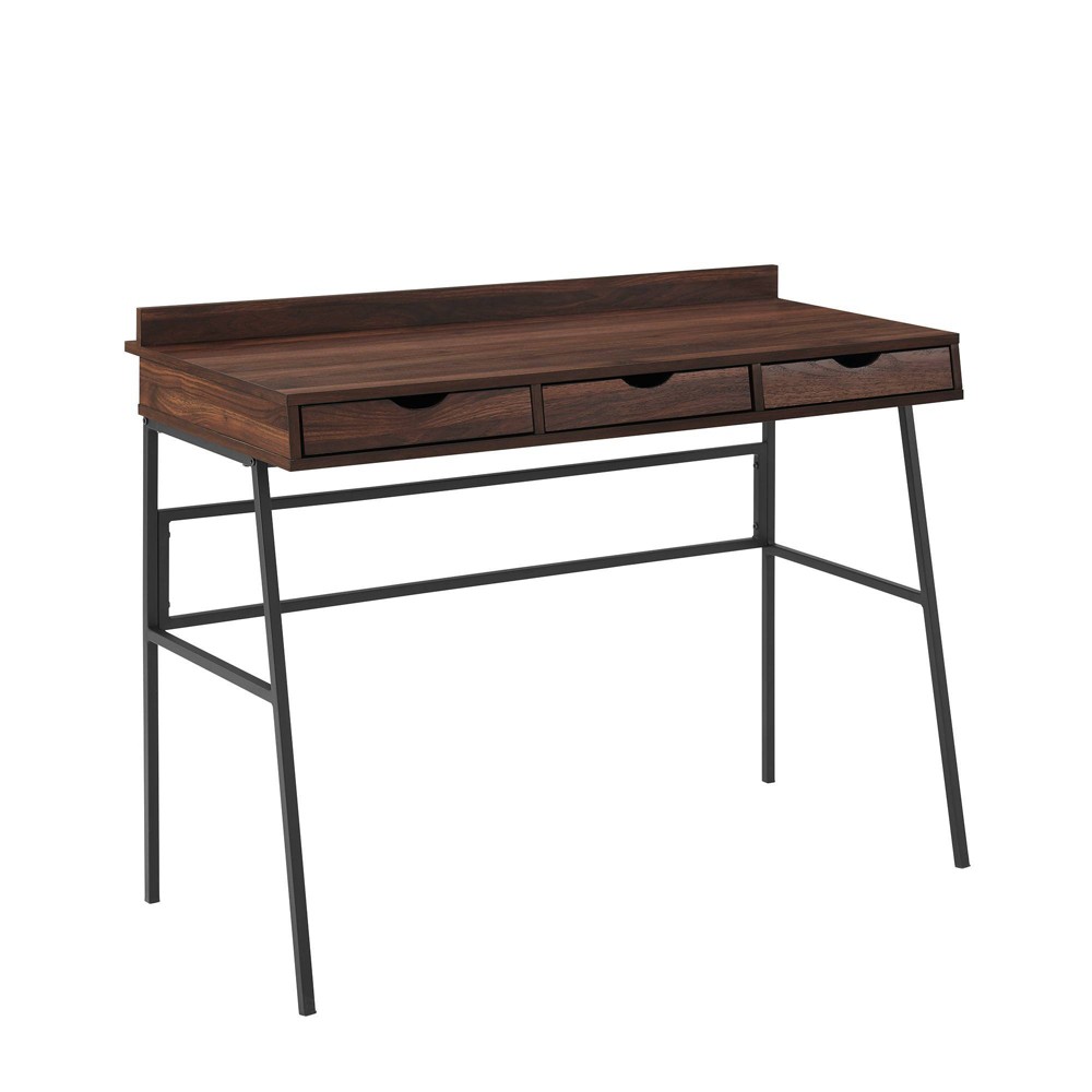 Photos - Office Desk 3 Drawer Angled Writing Desk with Cord Management Slots Dark Walnut - Sara