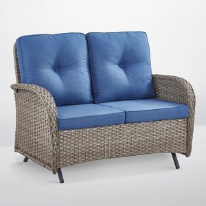 POCASSY 49.5" Wide Outdoor Glider Loveseat, All Weather Brown Wicker Rattan Patio Loveseat Glider for Porch Deck Garden - 1 of 4