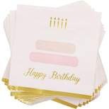 Blue Panda 50 Pack Cake Theme Happy Birthday Napkins with Gold Foil Edges (Pink 5 x 5 In)