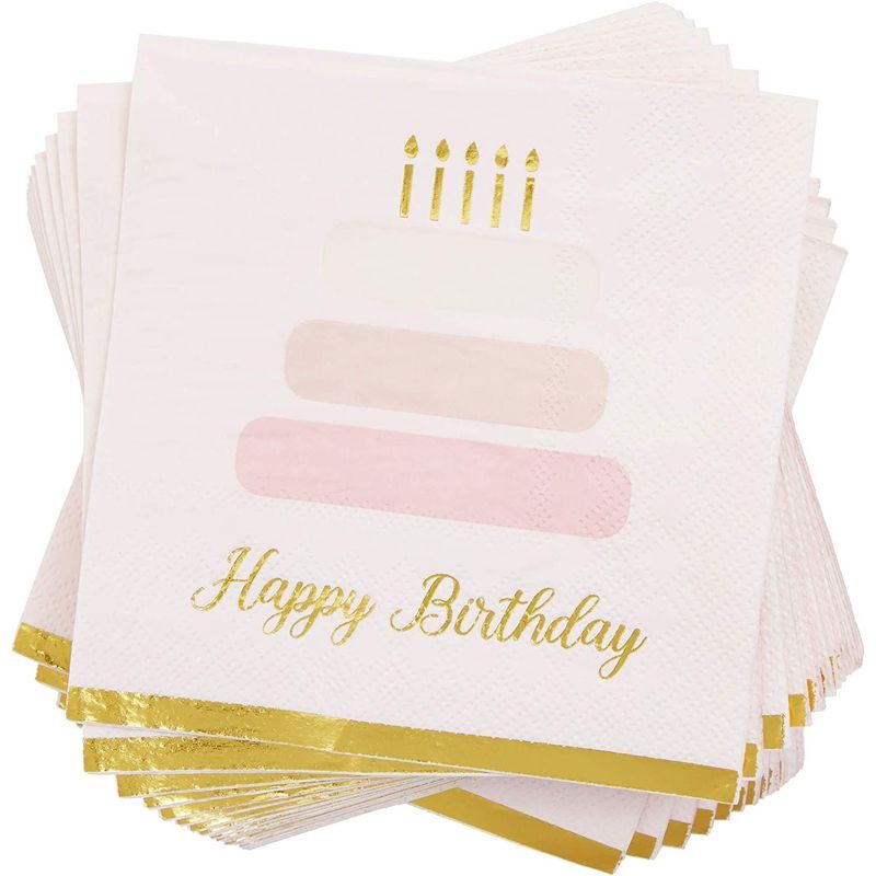 Blue Panda 50 Pack Cake Theme Happy Birthday Napkins with Gold Foil Edges (Pink 5 x 5 In), 1 of 5