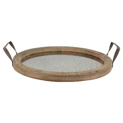 Round Rustic Wooden Tray with Distressed Mirror - Stonebriar