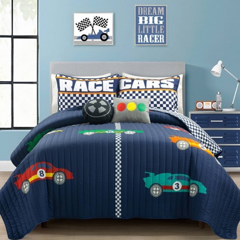 5pc Full queen Kids Racing Cars Reversible Oversized Quilt Bedding Set Navy Lush Decor Target