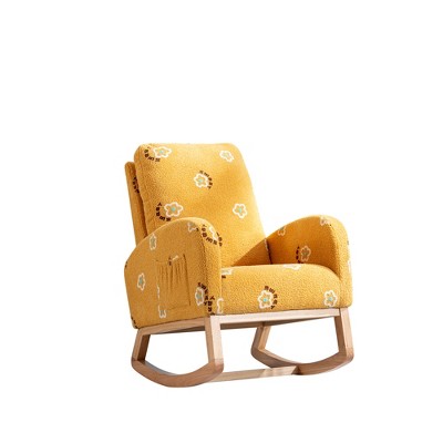 VYNXARIA Modern Rocking Chair for Nursery, Mid Century Accent Rocker Armchair With Side Pocket, Mustard Boucle
