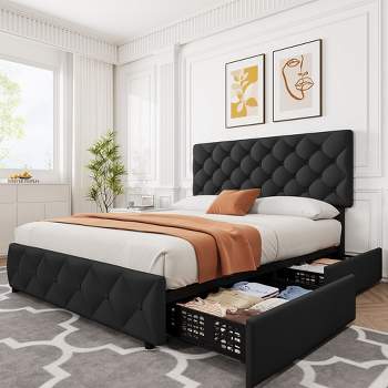 Whizmax Queen Size Bed Frame with 4 Storage Drawers, Faux Leather Upholstered Platform Bed Frame with Adjustable Headboard, No Box Spring Needed