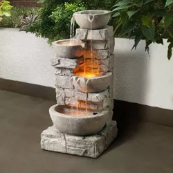 33" Cascading Bowls and Stacked Stone Waterfall Outdoor Fountain with LED Lights - Gray - Teamson Home