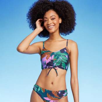 COLLUSION hibiscus floral print tie front triangle bikini top in blue -  MBLUE