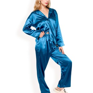 Anna-Kaci Lounge Women's Satin 2-Piece Pajama Set with Long Sleeve Button-Up Shirt and Relaxed Fit Wide-Leg Pants - 1 of 4
