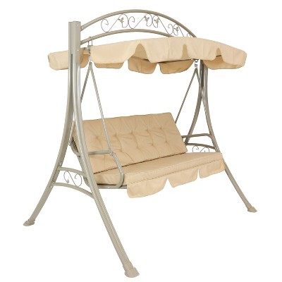 Sunnydaze Outdoor 3-Person Steel Patio Swing with Adjustable Canopy and Tufted Cushions, Beige