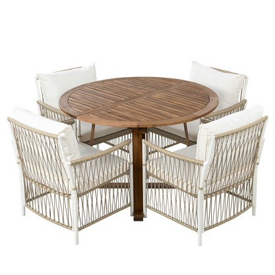 TiramisuBest 5-Piece Outdoor Acacia Wood & PE Rattan Bar Set - Foldable Table, 4 Cushioned Stools, All-Weather Bistro (Brown)