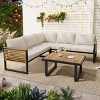 4 PCS Outdoor Sofa Set, Industrial Style Sofa Set with Table, Acacia Wood Sofa with Metal Frame and Polyester Cushion-Coolbibila - 3 of 4