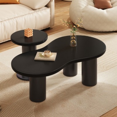 Easy Assembly Nesting Coffee Table Set of 2, Cream Style Cloud Coffee Table with Round Small Side Table