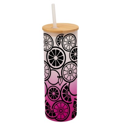 Elanze Designs Citrus Summer Lemon Lime Orange Wrap-Around Design 25 Ounce Frosted Gradient Glass On-The-Go Coffee Travel Skinny Tumbler Mug Cup,