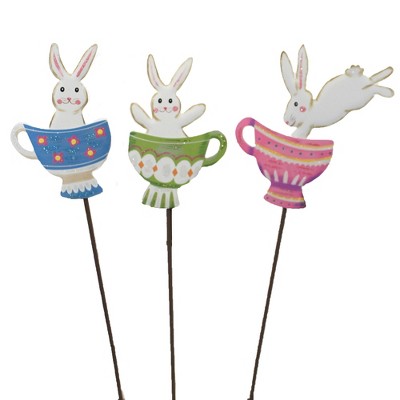 Easter 25.5" Bunny Teacup Trio Garden Spring  -  Decorative Garden Stakes