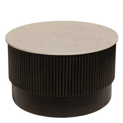 HomeRoots 31" White And Dark Brown Genuine Marble And Solid Wood Round Drum Coffee Table