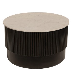 HomeRoots 31" White And Dark Brown Genuine Marble And Solid Wood Round Drum Coffee Table - 1 of 4