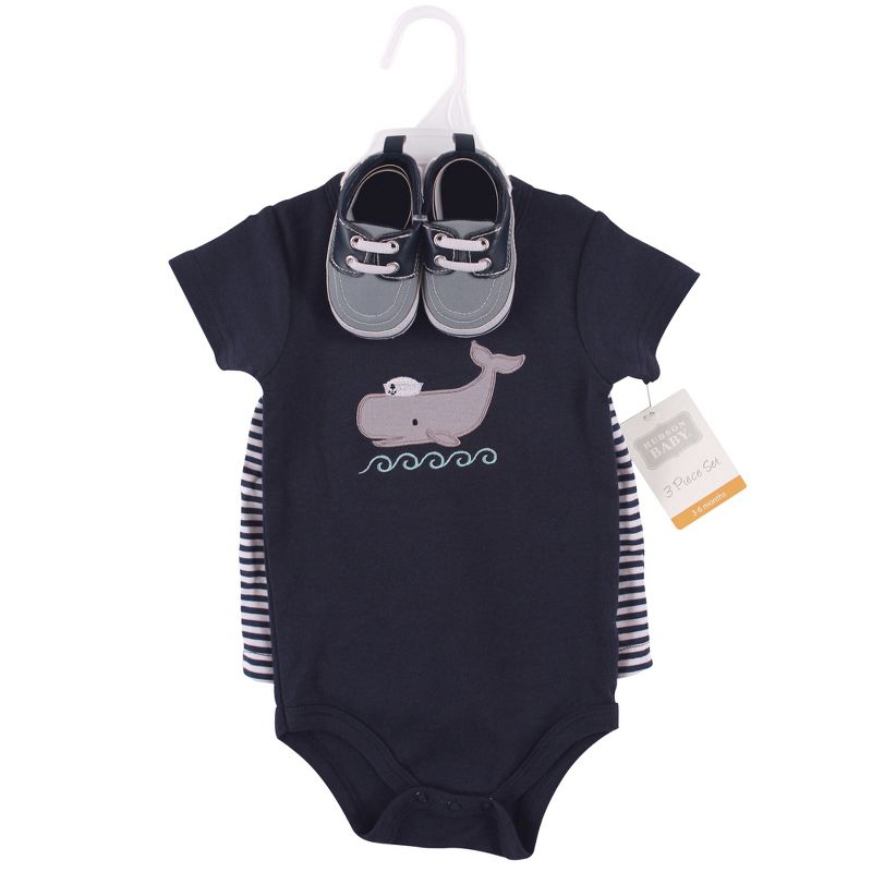 Hudson Baby Infant Boy Cotton Bodysuit, Shorts and Shoe 3pc Set, Sailor Whale, 3 of 4