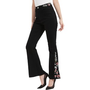 Anna-Kaci Women's Floral Daisy Embroidered Mid Rise Bell Bottom Jeans - 1 of 4