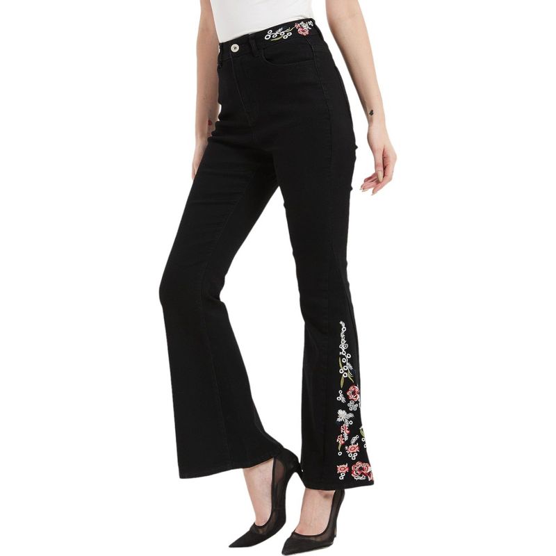 Anna-Kaci Women's Floral Daisy Embroidered Mid Rise Bell Bottom Jeans, 1 of 7