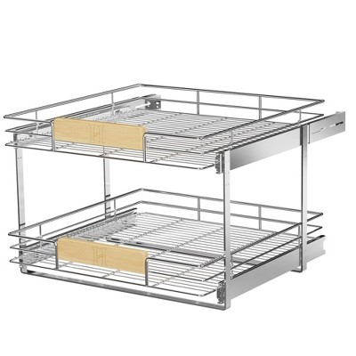 LOVMOR 2 Tier Pull Out Cabinet Organizer 22½" W x 21½" D, Slide Out Drawers with Wooden Handle, Sliding Shelves Organization