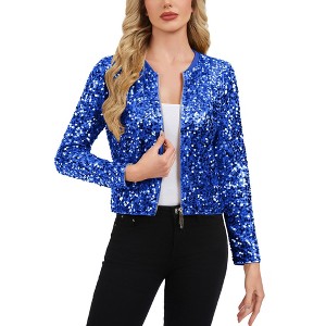 Anna-Kaci Women's Sequin Bomber Jacket with Zipper Front and Ribbed Trim - 1 of 4