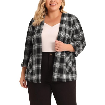 Agnes Orinda Women's Plus Size Plaid 3/4 Sleeves Work Office Blazers Jacket  Suits Black 4X